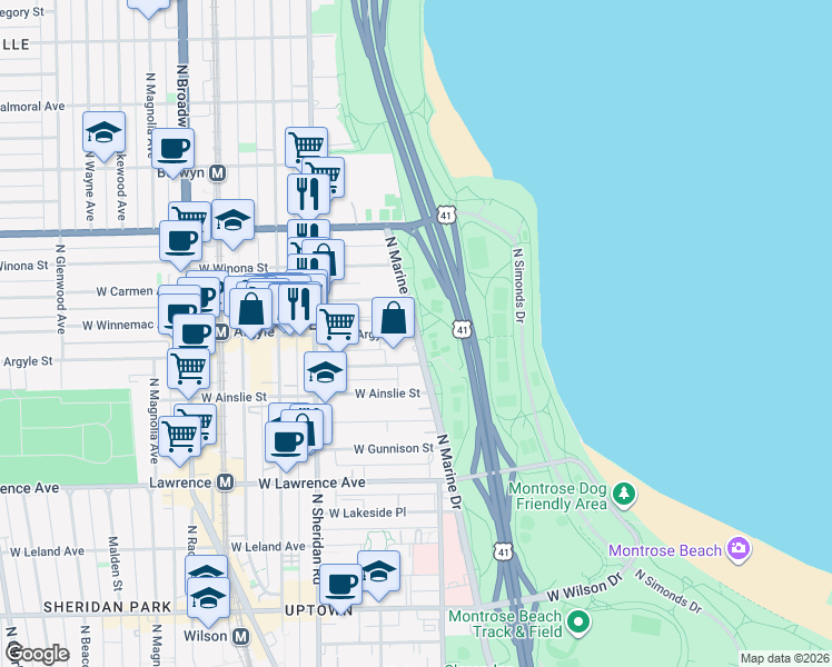 map of restaurants, bars, coffee shops, grocery stores, and more near W Argyle St & N Marine Dr in Chicago