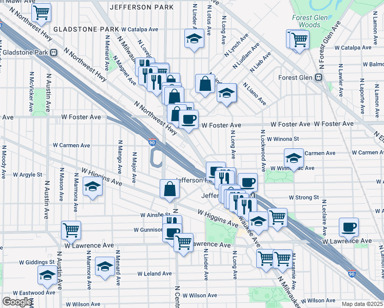 map of restaurants, bars, coffee shops, grocery stores, and more near 5063 North Avondale Avenue in Chicago