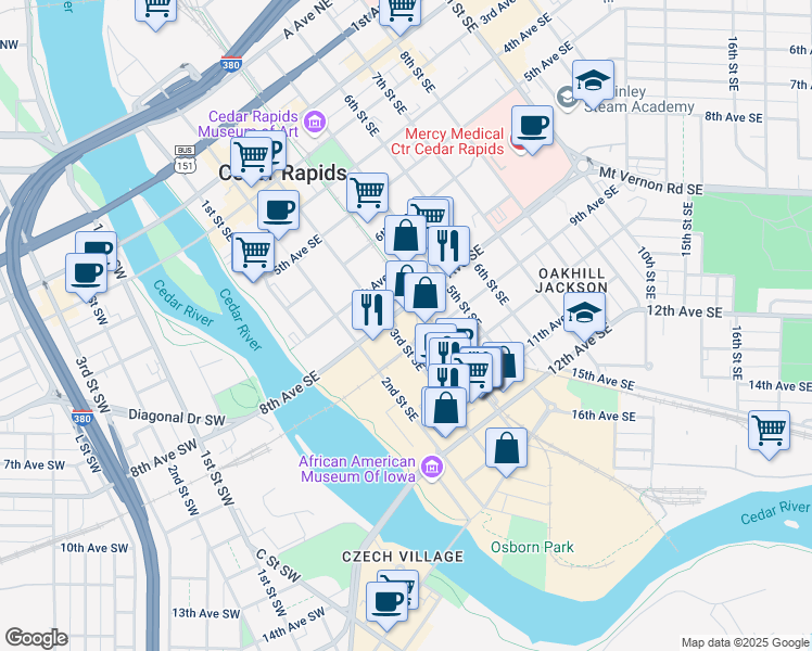 map of restaurants, bars, coffee shops, grocery stores, and more near 303 8th Avenue Southwest in Cedar Rapids