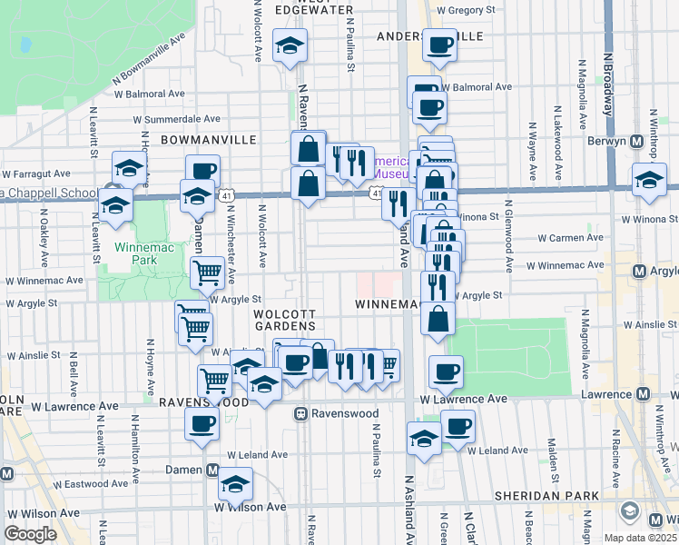 map of restaurants, bars, coffee shops, grocery stores, and more near N Hermitage Ave & W Winnemac Ave in Chicago