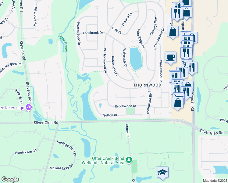 map of restaurants, bars, coffee shops, grocery stores, and more near 19 West Sandstone Court in South Elgin
