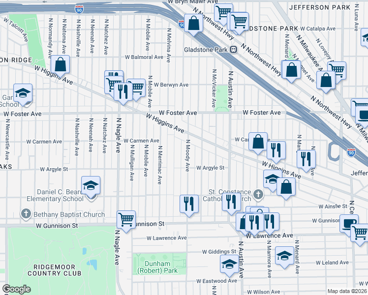 map of restaurants, bars, coffee shops, grocery stores, and more near 5031 North Moody Avenue in Chicago