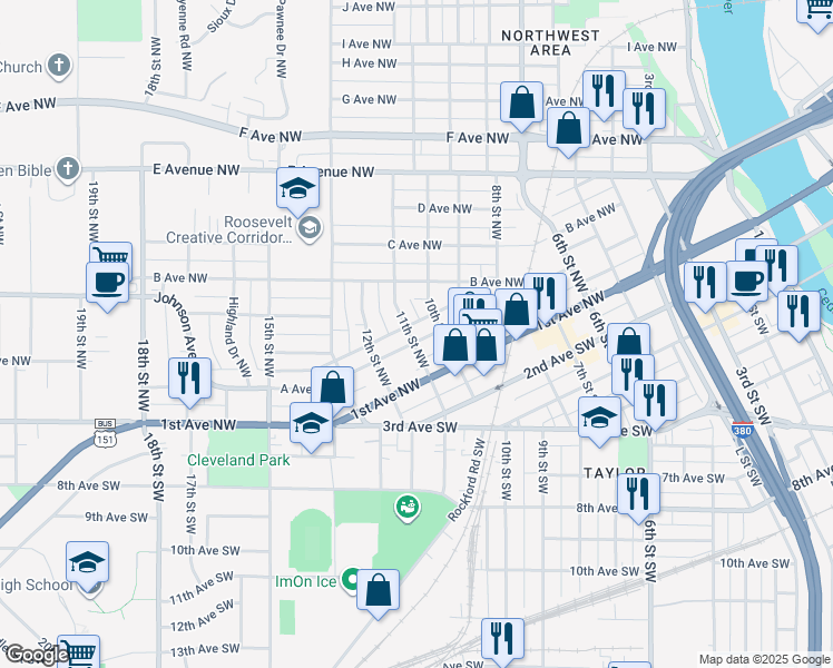 map of restaurants, bars, coffee shops, grocery stores, and more near 1020 A Avenue Northwest in Cedar Rapids