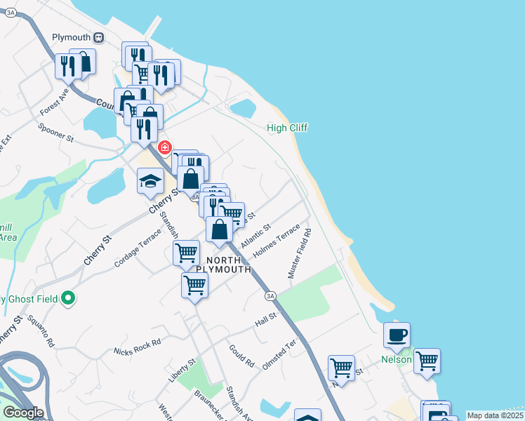 map of restaurants, bars, coffee shops, grocery stores, and more near 24 Atlantic Street in Plymouth