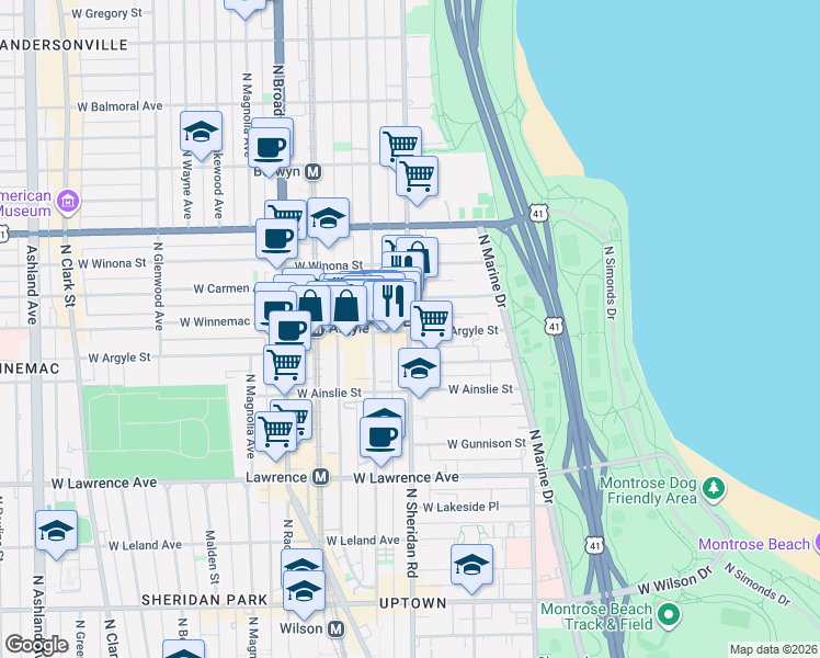 map of restaurants, bars, coffee shops, grocery stores, and more near 1005 West Argyle Street in Chicago