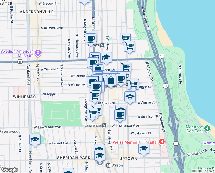 map of restaurants, bars, coffee shops, grocery stores, and more near 1119 West Argyle Street in Chicago