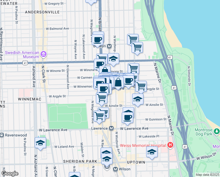 map of restaurants, bars, coffee shops, grocery stores, and more near 1119 West Argyle Street in Chicago