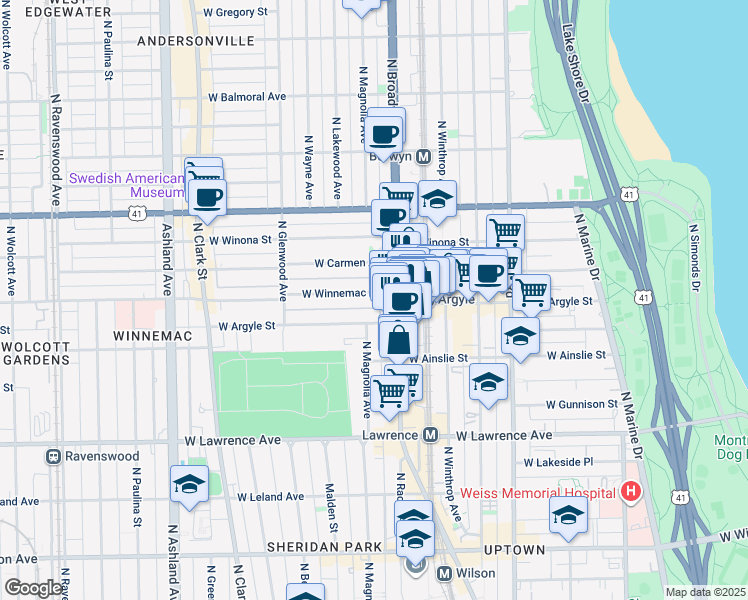 map of restaurants, bars, coffee shops, grocery stores, and more near 1242 West Argyle Street in Chicago