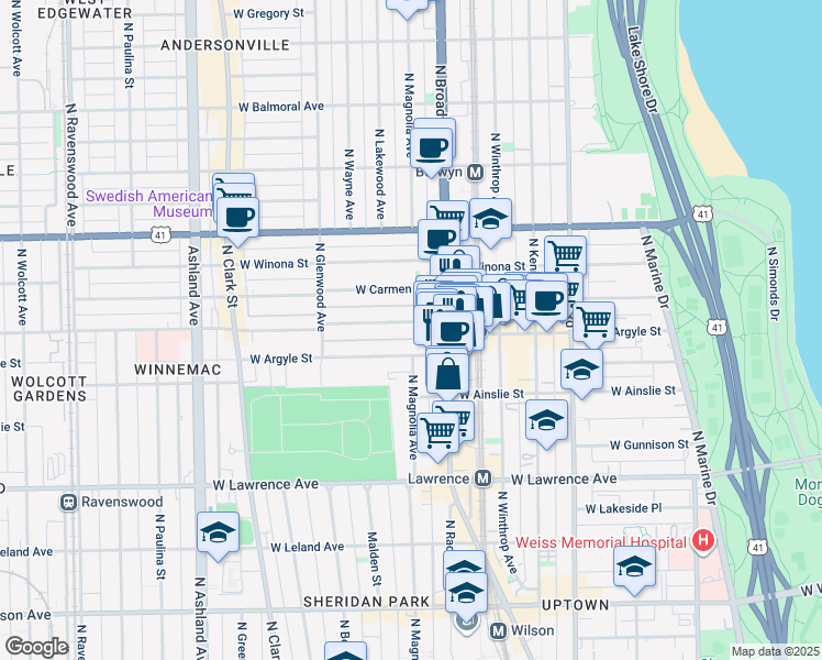 map of restaurants, bars, coffee shops, grocery stores, and more near 1242 West Argyle Street in Chicago