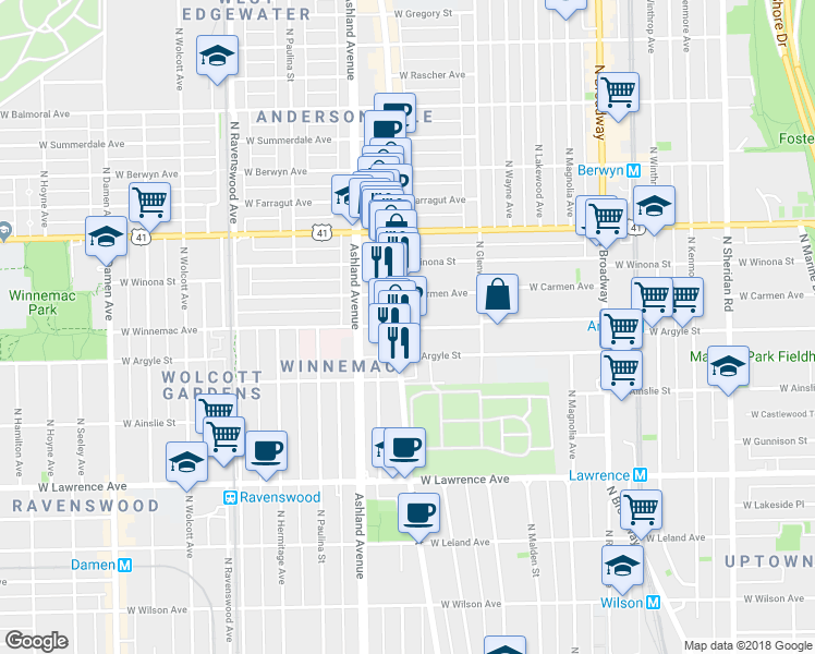 map of restaurants, bars, coffee shops, grocery stores, and more near 5015 North Clark Street in Chicago