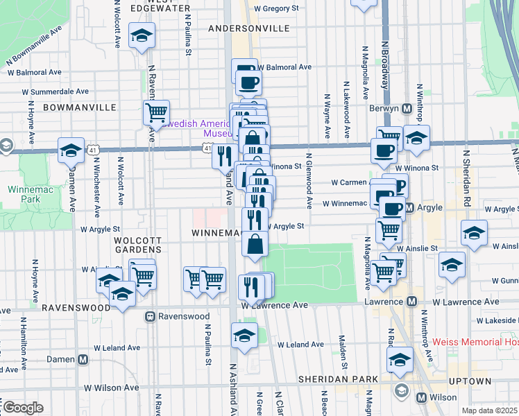 map of restaurants, bars, coffee shops, grocery stores, and more near 5015 North Clark Street in Chicago