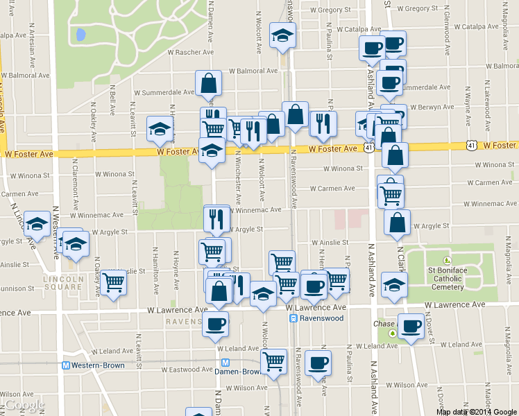 map of restaurants, bars, coffee shops, grocery stores, and more near 5014 North Wolcott Avenue in Chicago