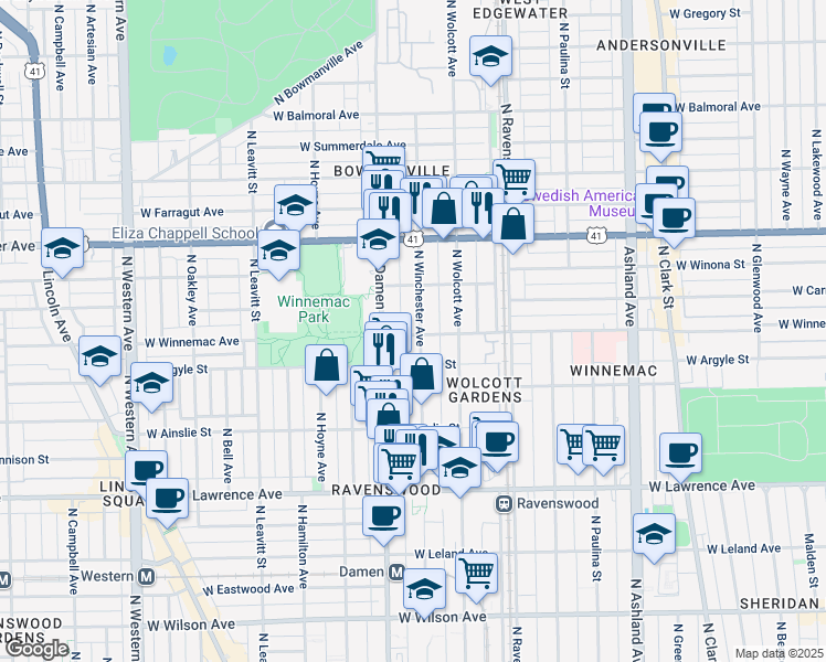 map of restaurants, bars, coffee shops, grocery stores, and more near 5016 North Winchester Avenue in Chicago