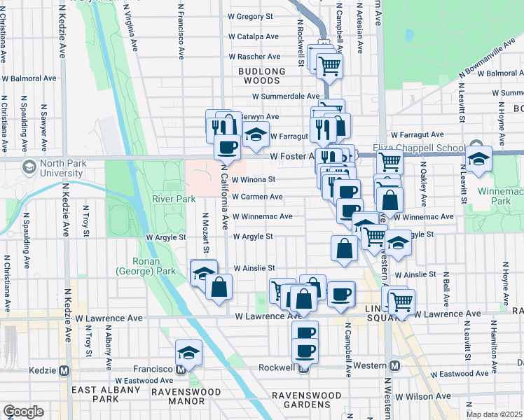 map of restaurants, bars, coffee shops, grocery stores, and more near 2653 West Winnemac Avenue in Chicago