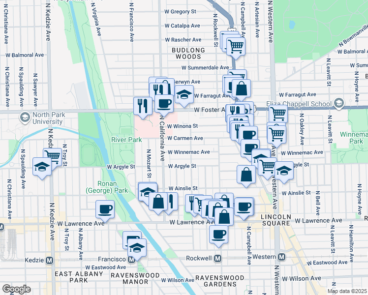 map of restaurants, bars, coffee shops, grocery stores, and more near 2725 West Winnemac Avenue in Chicago