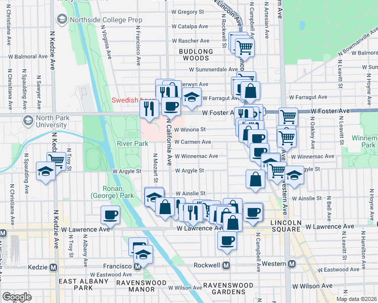map of restaurants, bars, coffee shops, grocery stores, and more near 2725 West Winnemac Avenue in Chicago