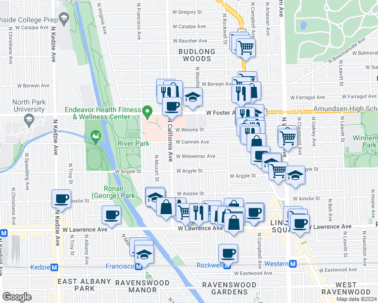 map of restaurants, bars, coffee shops, grocery stores, and more near 2725 West Winnemac Avenue in Chicago