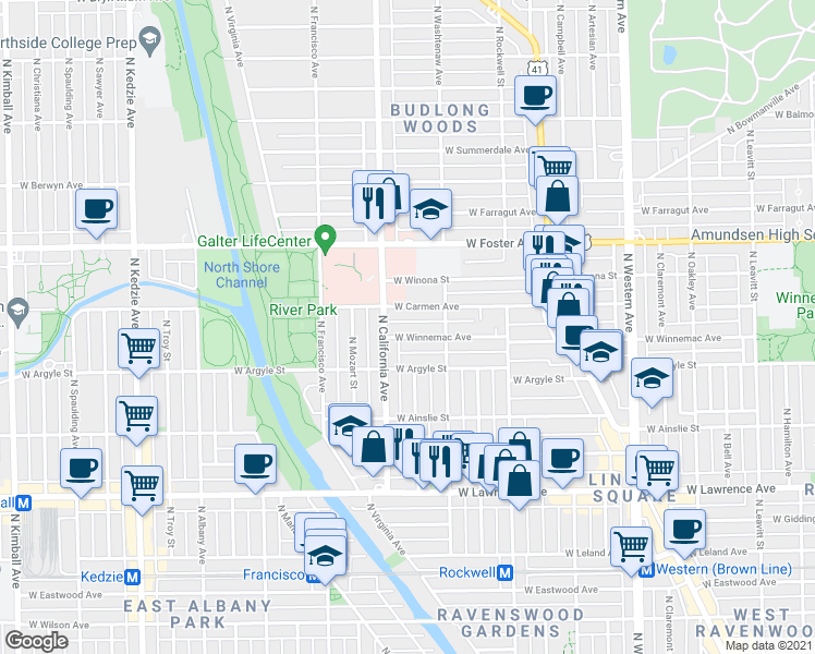 map of restaurants, bars, coffee shops, grocery stores, and more near 2725 West Winnemac Avenue in Chicago