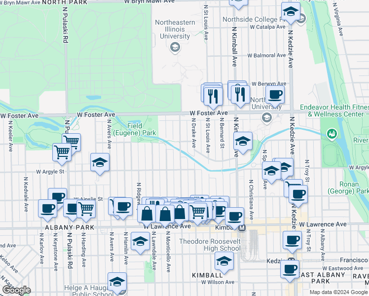 map of restaurants, bars, coffee shops, grocery stores, and more near 5030 North Central Park Avenue in Chicago