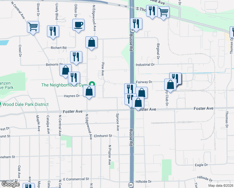 map of restaurants, bars, coffee shops, grocery stores, and more near 17W089 Hawthorne Avenue in Bensenville