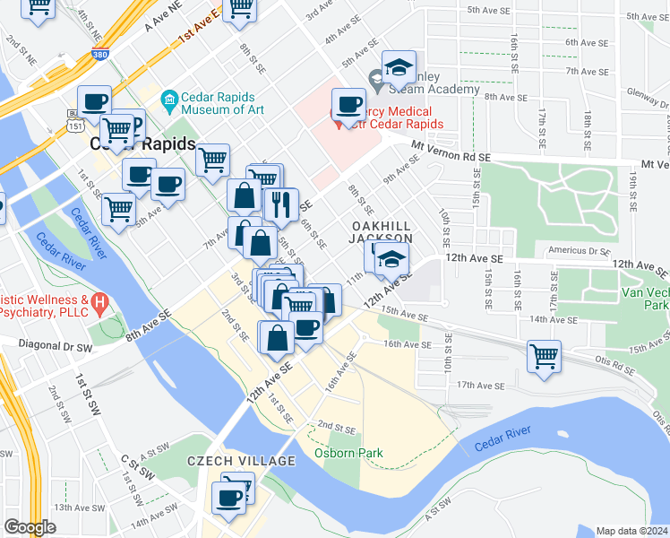 map of restaurants, bars, coffee shops, grocery stores, and more near 1020 6th Street Southeast in Cedar Rapids