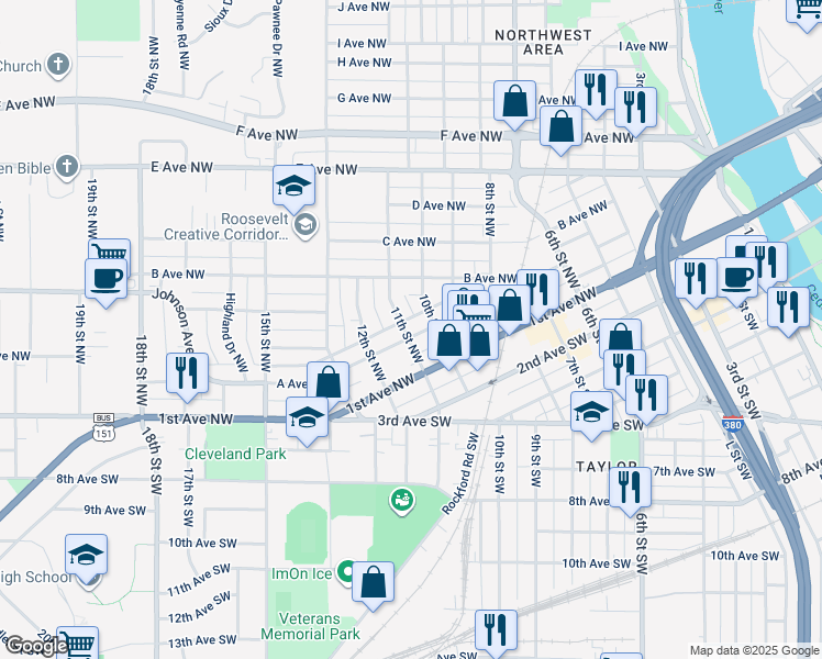 map of restaurants, bars, coffee shops, grocery stores, and more near 1021 A Avenue Northwest in Cedar Rapids