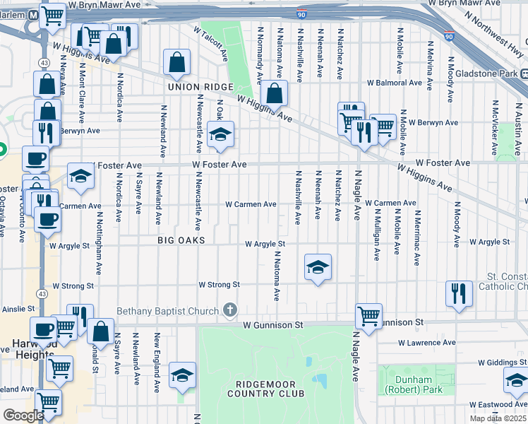 map of restaurants, bars, coffee shops, grocery stores, and more near 5035 North Normandy Avenue in Chicago