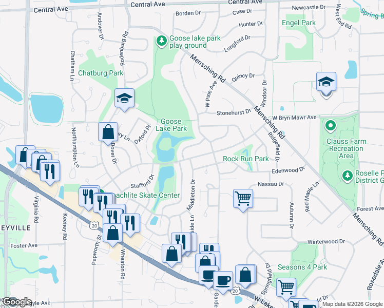 map of restaurants, bars, coffee shops, grocery stores, and more near 535 Radnor Drive in Roselle