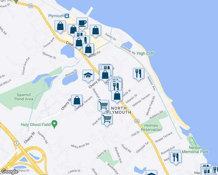 map of restaurants, bars, coffee shops, grocery stores, and more near 312 Court Street in Plymouth