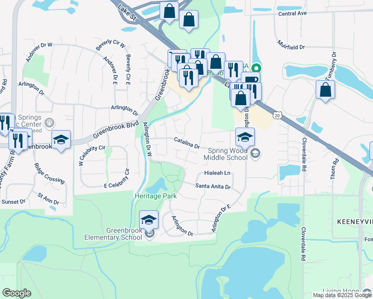 map of restaurants, bars, coffee shops, grocery stores, and more near 5532 Montibello Drive in Hanover Park