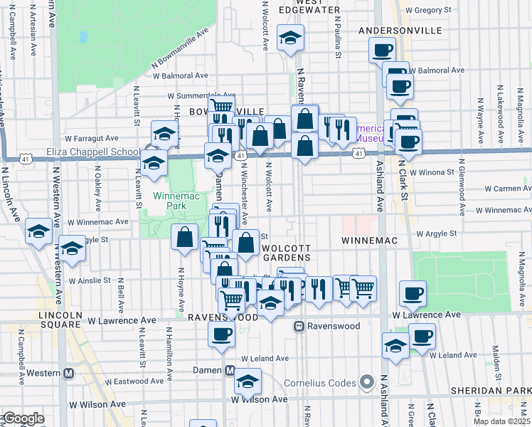 map of restaurants, bars, coffee shops, grocery stores, and more near 5032 North Wolcott Avenue in Chicago