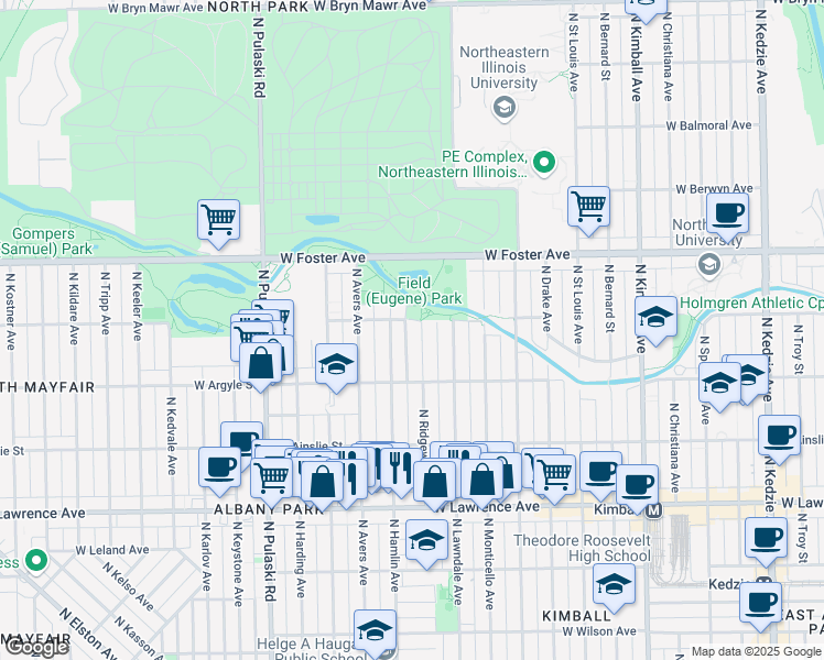 map of restaurants, bars, coffee shops, grocery stores, and more near 5050 North Ridgeway Avenue in Chicago