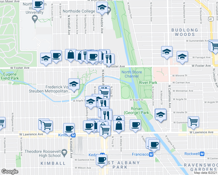 map of restaurants, bars, coffee shops, grocery stores, and more near 5046 North Troy Street in Chicago