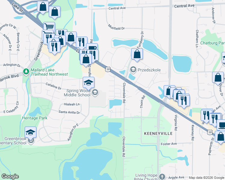 map of restaurants, bars, coffee shops, grocery stores, and more near 5509 Cambridge Way in Hanover Park
