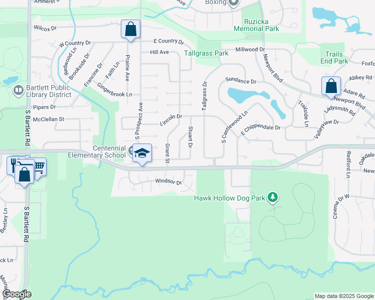 map of restaurants, bars, coffee shops, grocery stores, and more near 988 Stuart Drive in Bartlett