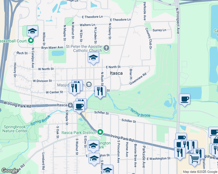 map of restaurants, bars, coffee shops, grocery stores, and more near 300 North Cherry Street in Itasca