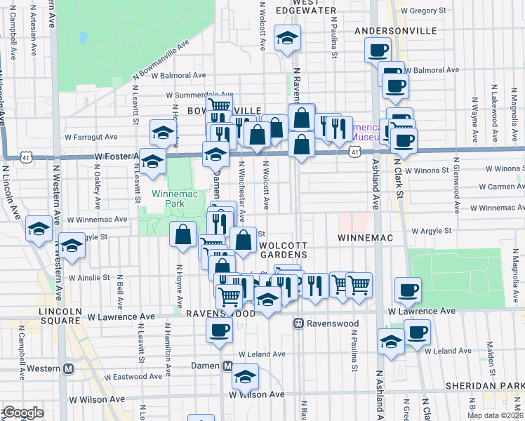 map of restaurants, bars, coffee shops, grocery stores, and more near 5034 North Wolcott Avenue in Chicago