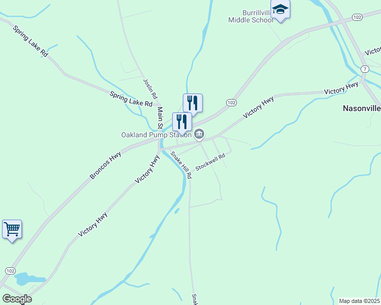 map of restaurants, bars, coffee shops, grocery stores, and more near 46 Village Way in Burrillville