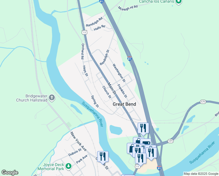 map of restaurants, bars, coffee shops, grocery stores, and more near 130 Church Street in Great Bend
