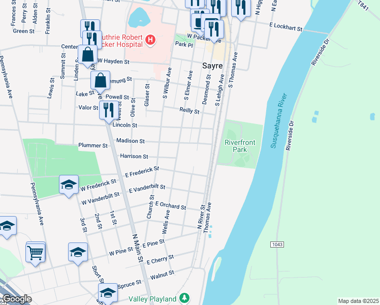 map of restaurants, bars, coffee shops, grocery stores, and more near 808 South Elmer Avenue in Sayre