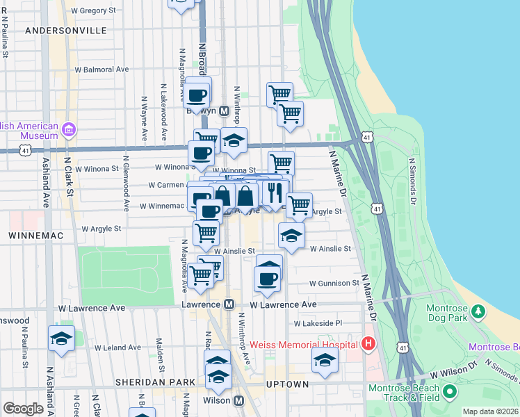 map of restaurants, bars, coffee shops, grocery stores, and more near in Chicago