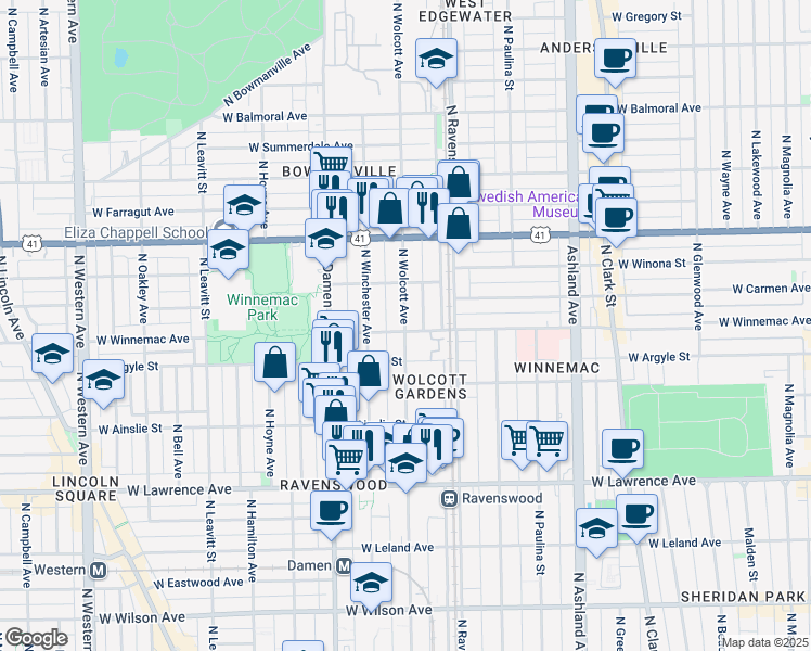 map of restaurants, bars, coffee shops, grocery stores, and more near 5014 North Wolcott Avenue in Chicago