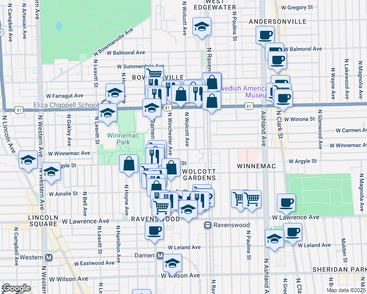 map of restaurants, bars, coffee shops, grocery stores, and more near 5014 North Wolcott Avenue in Chicago