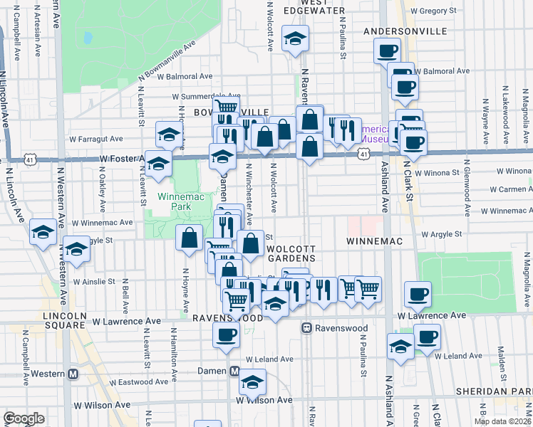 map of restaurants, bars, coffee shops, grocery stores, and more near 5014 North Wolcott Avenue in Chicago
