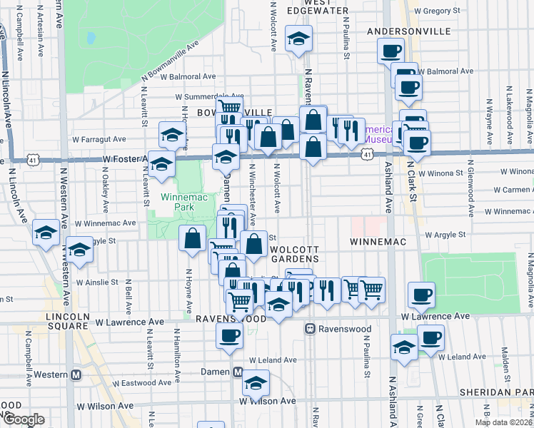 map of restaurants, bars, coffee shops, grocery stores, and more near 5014 North Wolcott Avenue in Chicago