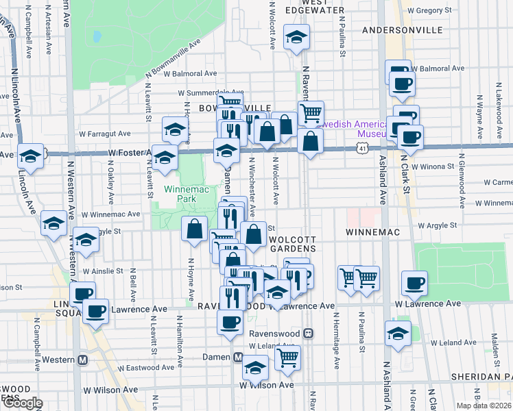 map of restaurants, bars, coffee shops, grocery stores, and more near 5016 North Winchester Avenue in Chicago