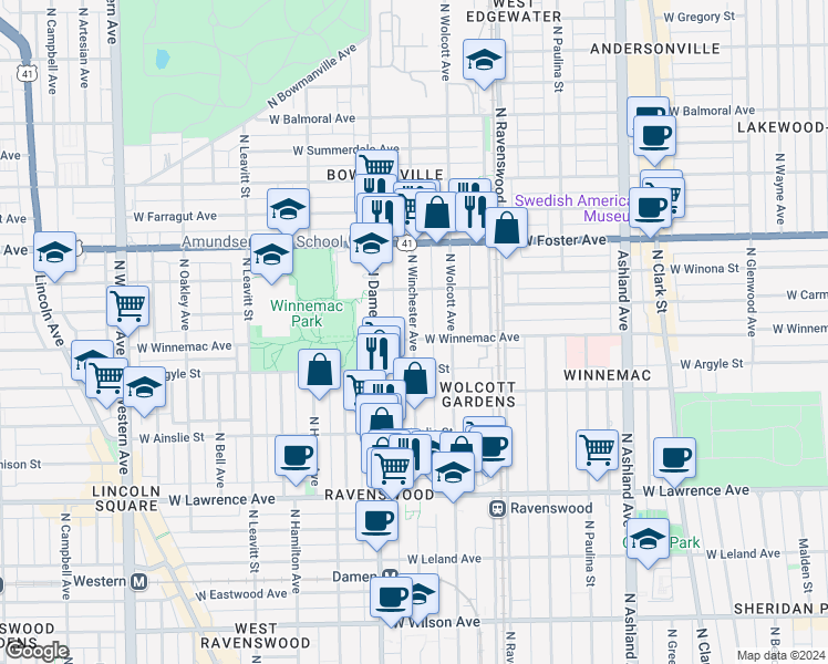 map of restaurants, bars, coffee shops, grocery stores, and more near 5016 North Winchester Avenue in Chicago