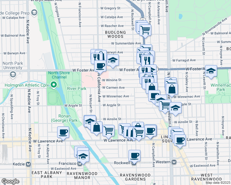 map of restaurants, bars, coffee shops, grocery stores, and more near 2653 West Winnemac Avenue in Chicago