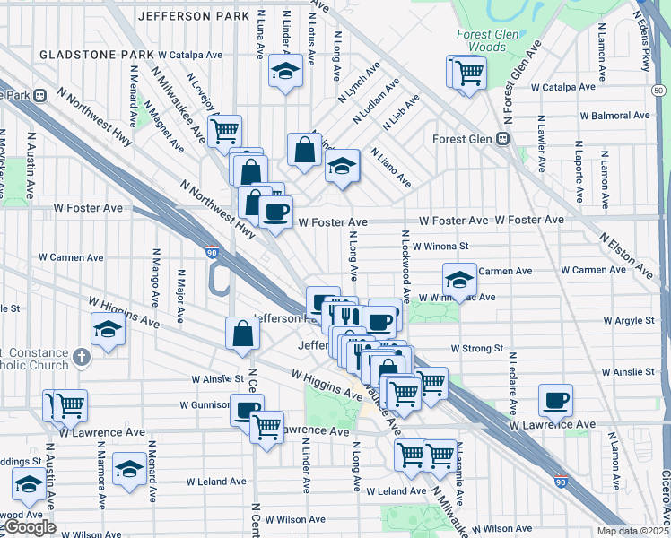 map of restaurants, bars, coffee shops, grocery stores, and more near 5421 West Carmen Avenue in Chicago