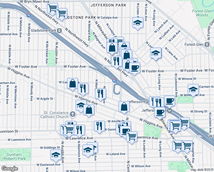 map of restaurants, bars, coffee shops, grocery stores, and more near 5026 North Major Avenue in Chicago
